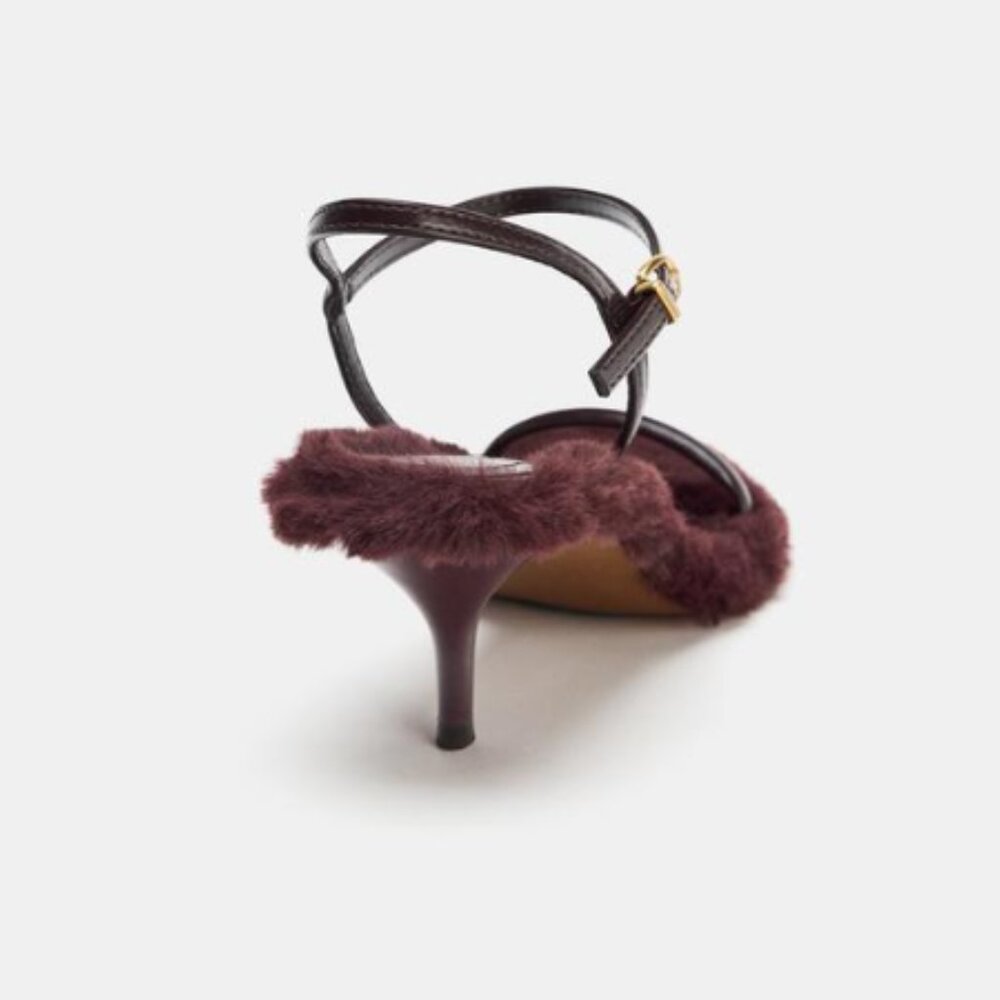 NWT FAUX FUR MEDIUM STILETTO HEELED BURGANDY RED SANDALS SIZE 7 - Picture 4 of 5